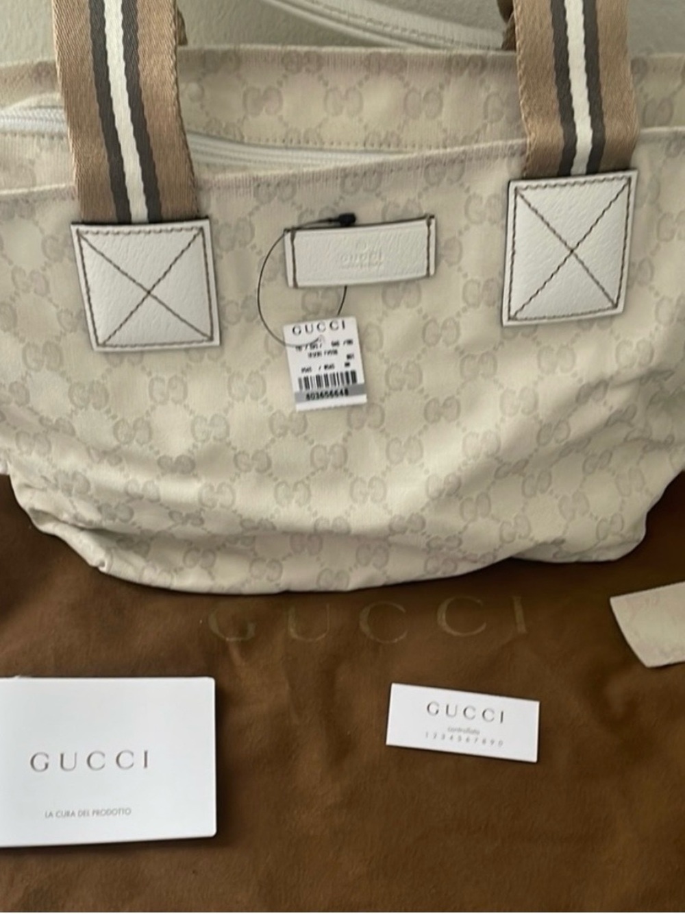 Gucci Cream GG Monogram Canvas Tote with Striped Handles